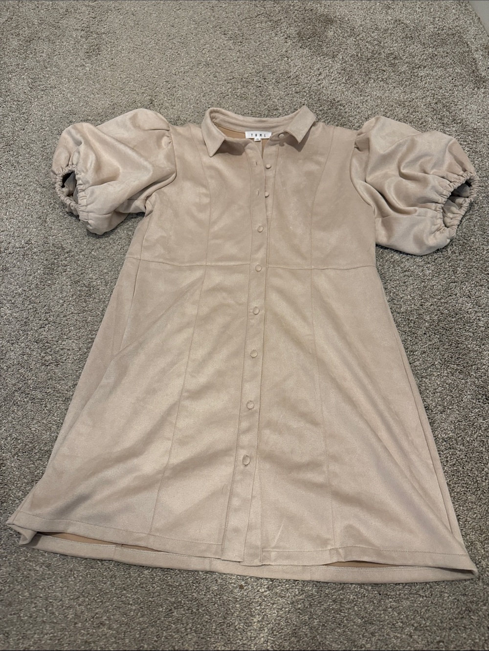 Beige Puff-Sleeve Shirt Dress for women
